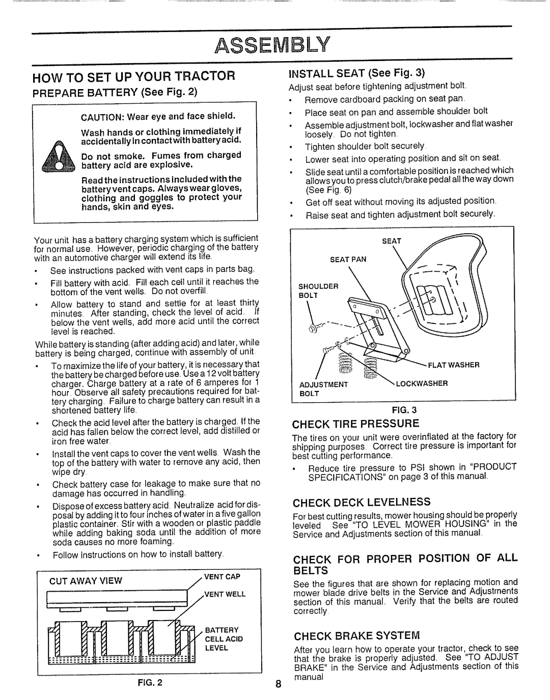 Craftsman 917.25736 HOW to SET UP Your Tractor, Prepare Battery See Fig, Check for Proper Position of ALL Belts, Bolt 