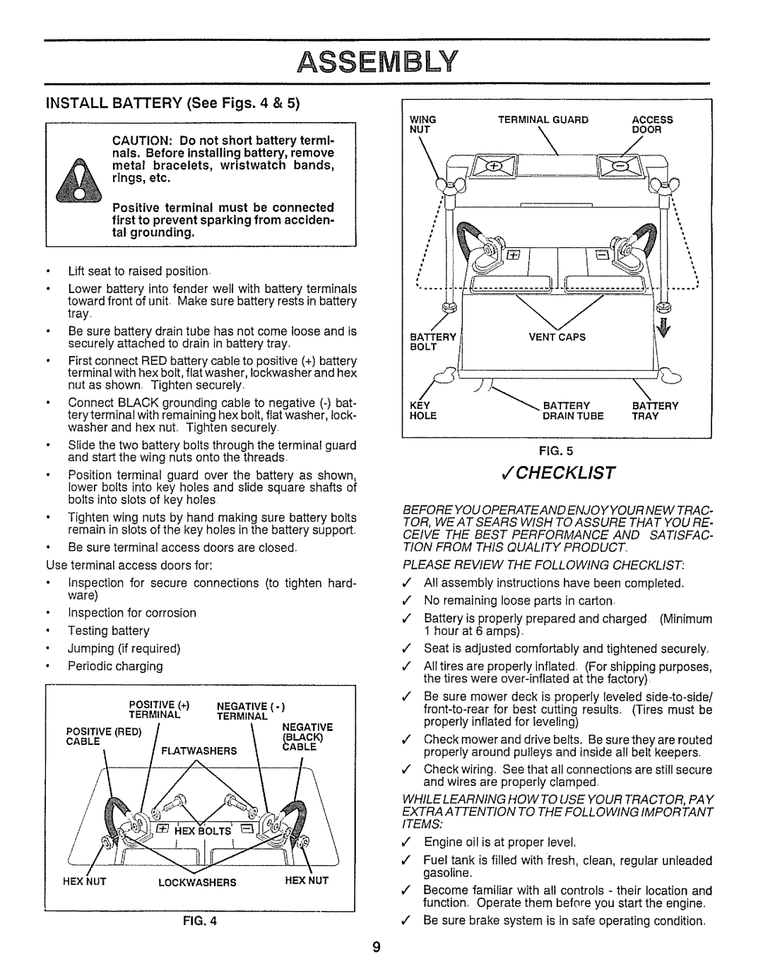 Craftsman 917.25736 owner manual Checklist, Install Battery See Figs 