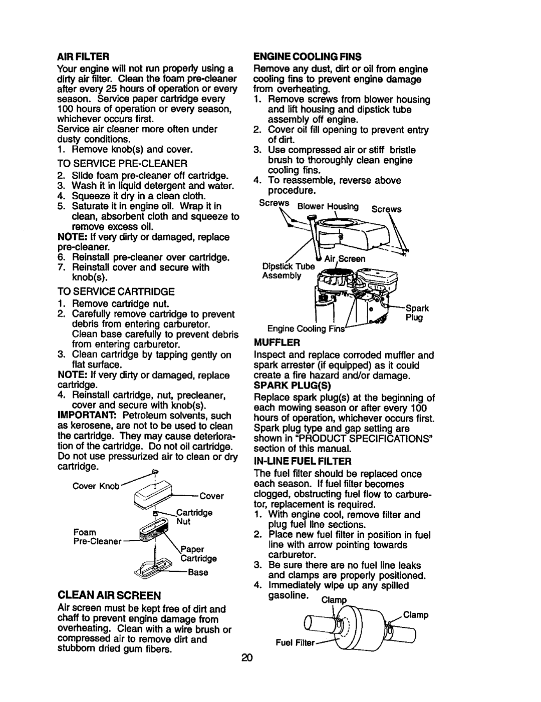 Craftsman 917.25801 owner manual To Service PRE-CLEANER, Clean AIR Screen, Engine Cooling RNS 