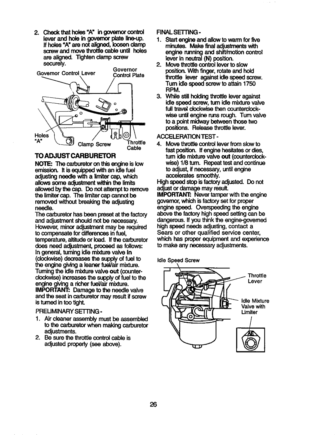 Craftsman 917.25801 owner manual To Adjust Carburetor, Preuminary Setting, Acceleration Test 