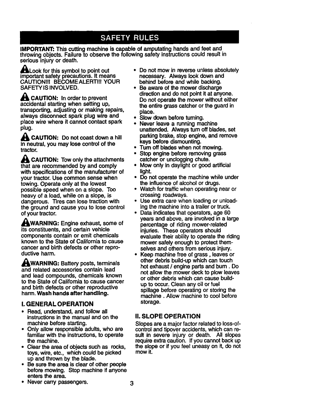 Craftsman 917.25801 owner manual II. Slope Operation, General Operation 