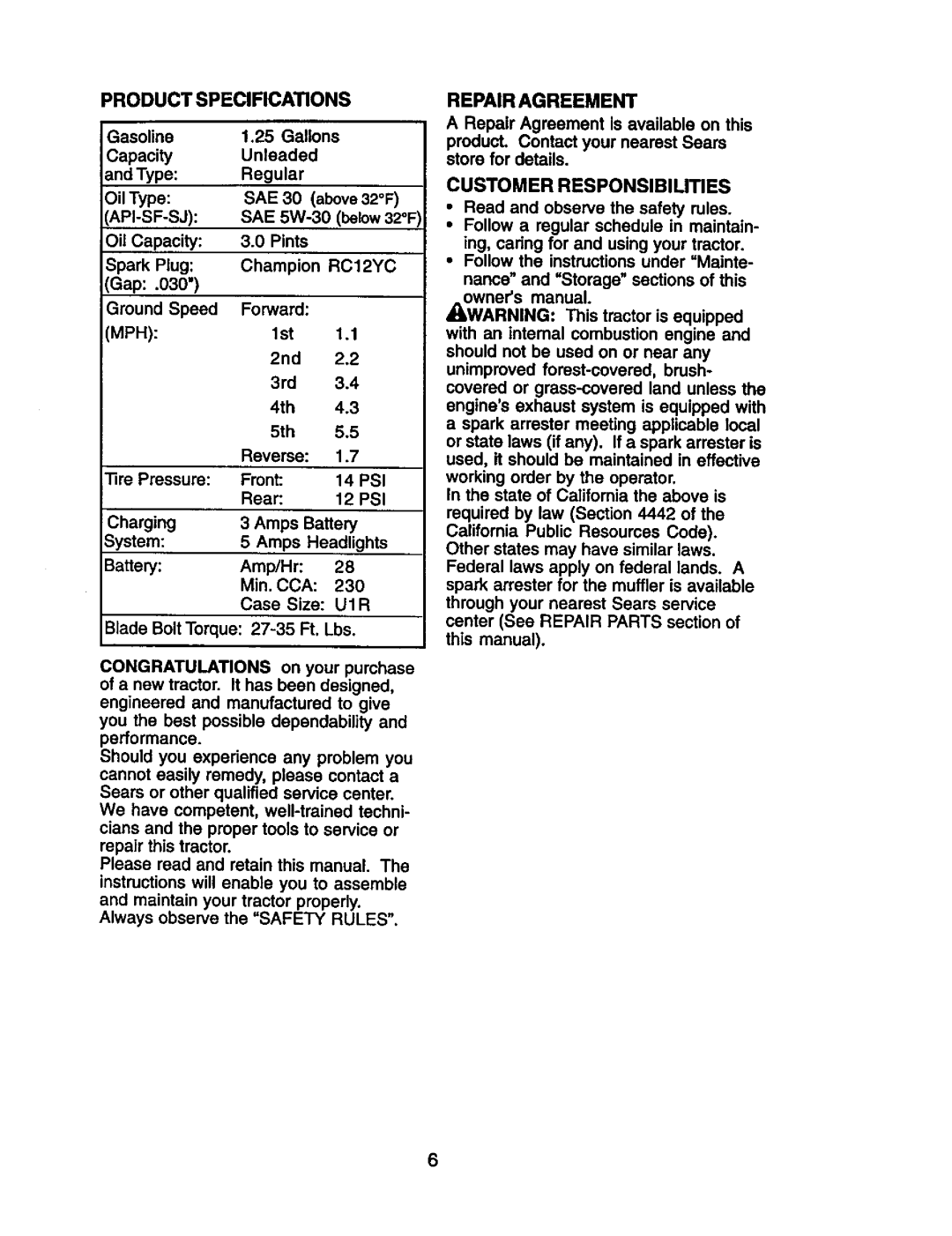 Craftsman 917.25801 owner manual Repair Agreement, Customer Responsibilities, Sae, RC12YC, U1R 