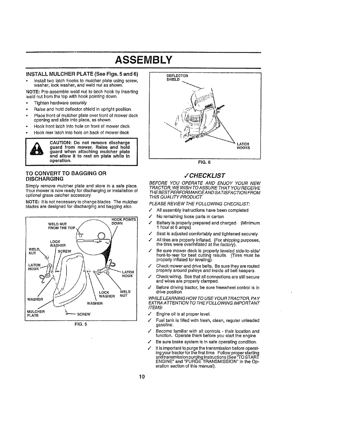 Craftsman 917.258692 manual Install Mulcher Plate See Figs, 5, Washer NUT, FIGo, No remaining oosa parts in carton 