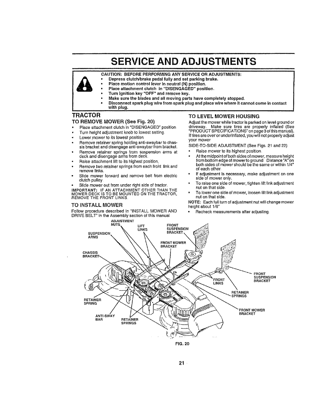 Craftsman 917.258692 manual To Remove Mower See Fig, To Level Mower Housing, To Install Mower, Adjustment, ANTi-SWAY 