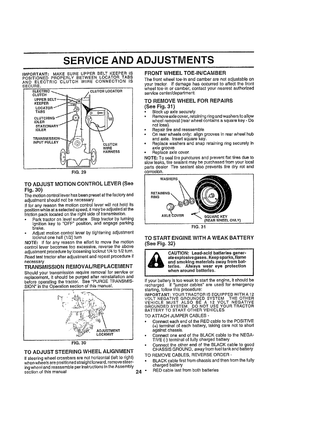 Craftsman 917.258692 manual Transmission REMOVAL/REPLACEMENT, To Adjust Steering Wheel Alignment, Front WHEEl. TOE4NICAMBER 