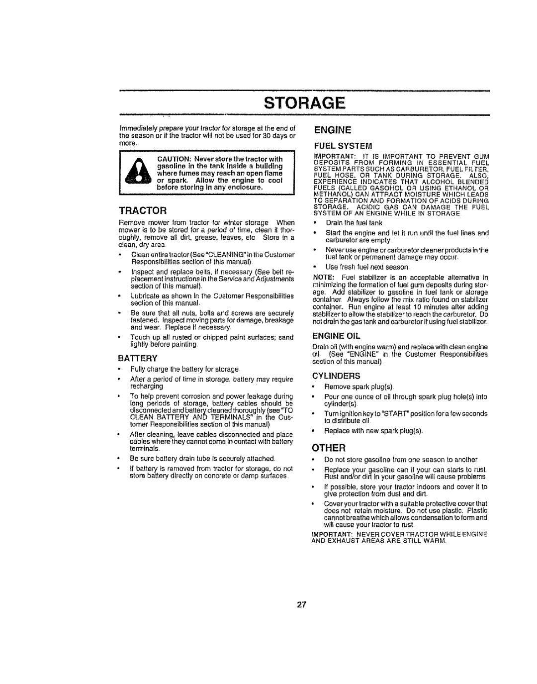 Craftsman 917.258692 manual Storage, Fuel System, Other, Important IT is Important to Prevent GUM, Cyunders 