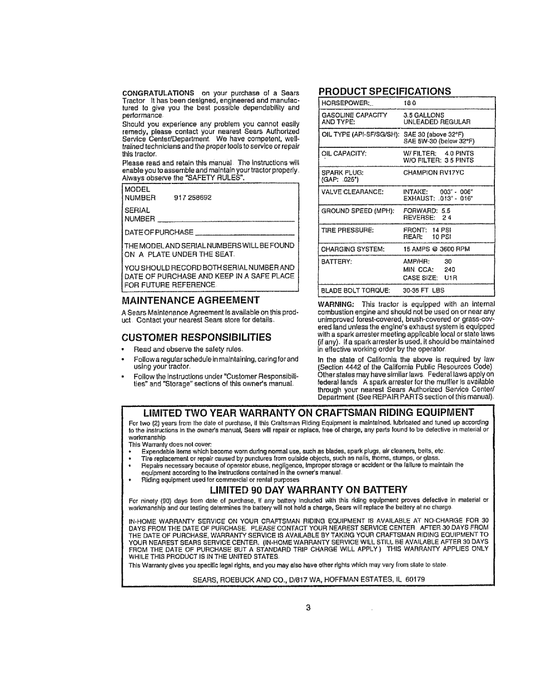 Craftsman 917.258692 manual Limited TWO Year Warranty Oncraftsman Riding Equipment 