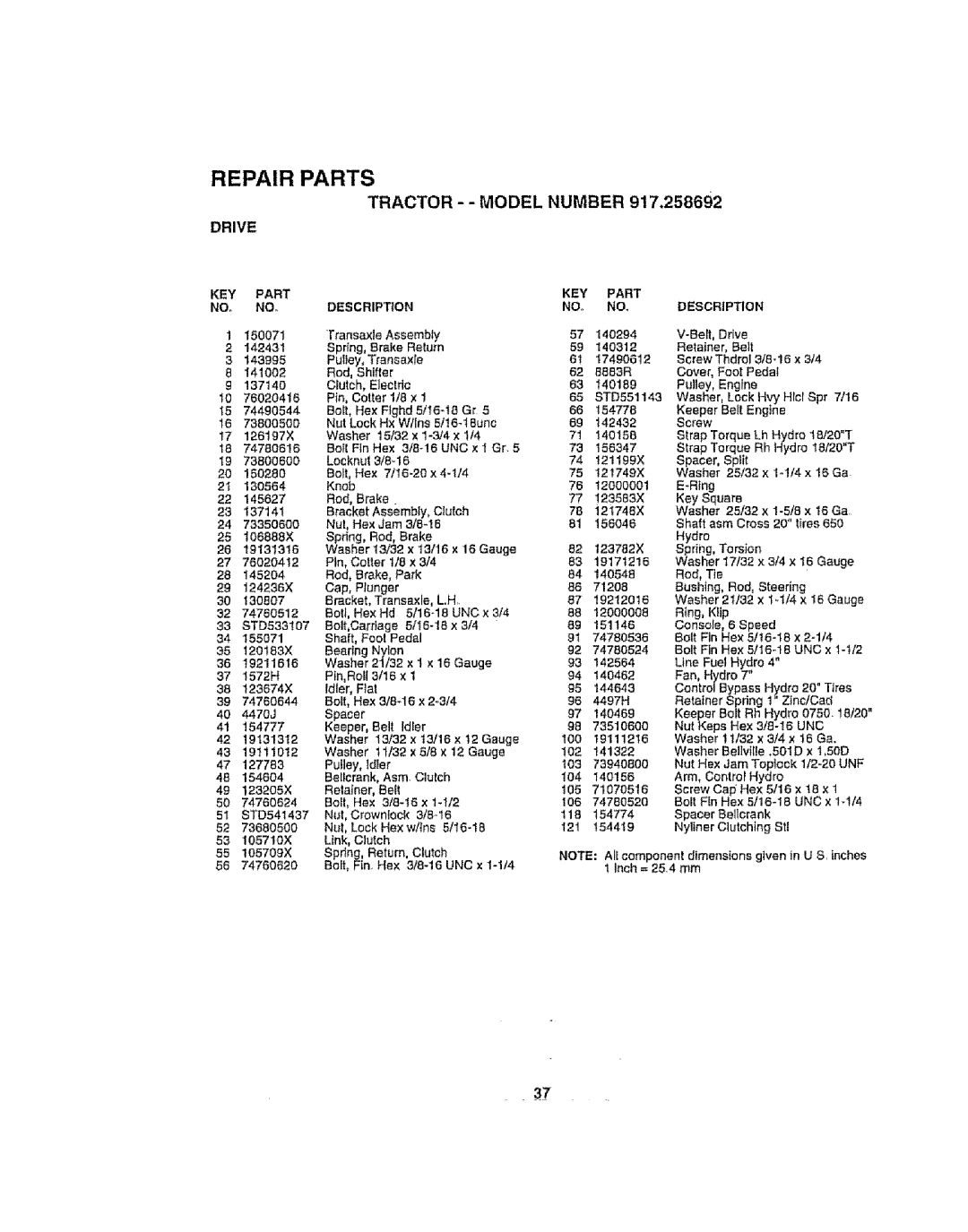 Craftsman 917.258692 manual Tractor - Model Number 917,258692 Drive, KEY Part, Description 