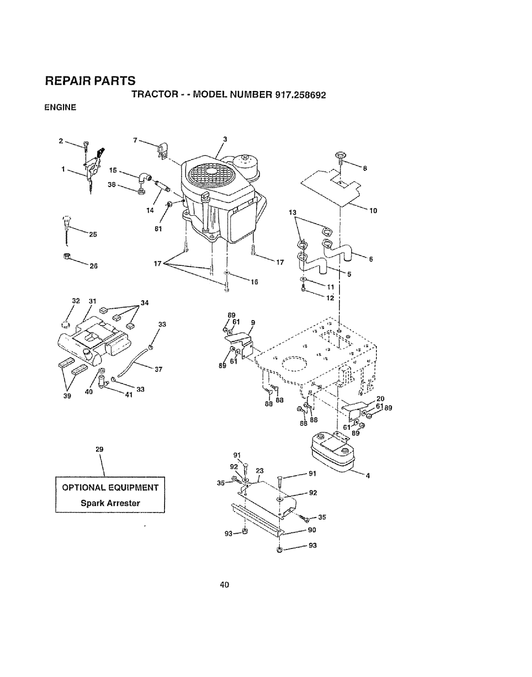 Craftsman 917.258692 manual Tractor - MODEl. Number, Engine, Optional Equipment, Spark Arrester, 39 4O41 