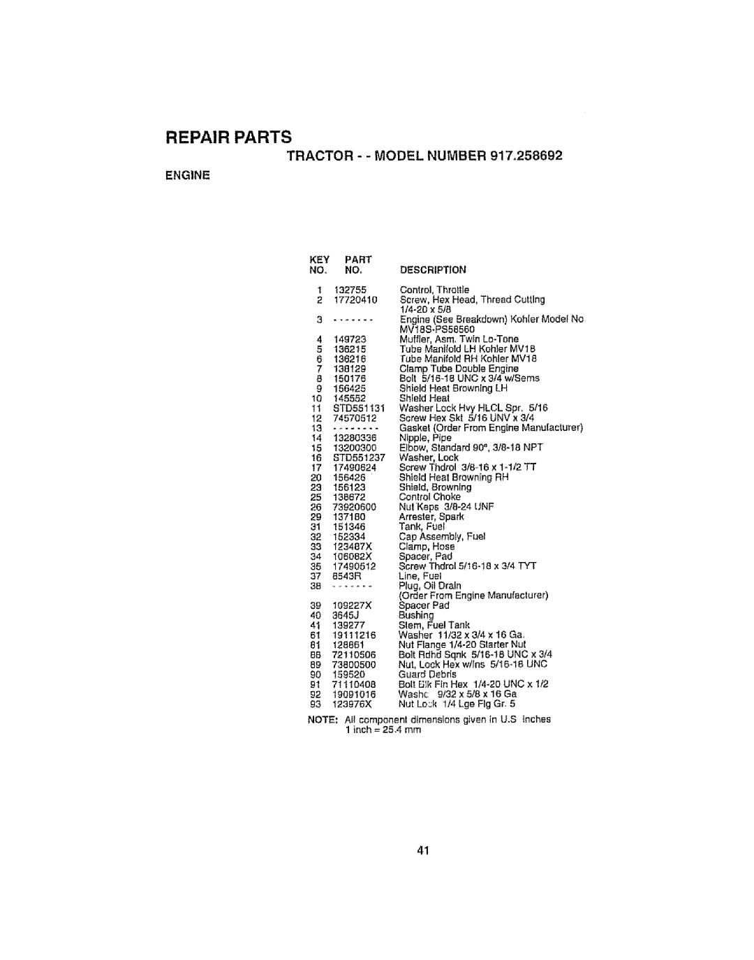 Craftsman 917.258692 manual Tractor - Model Number 917,258692 Engine, No NO, Description 