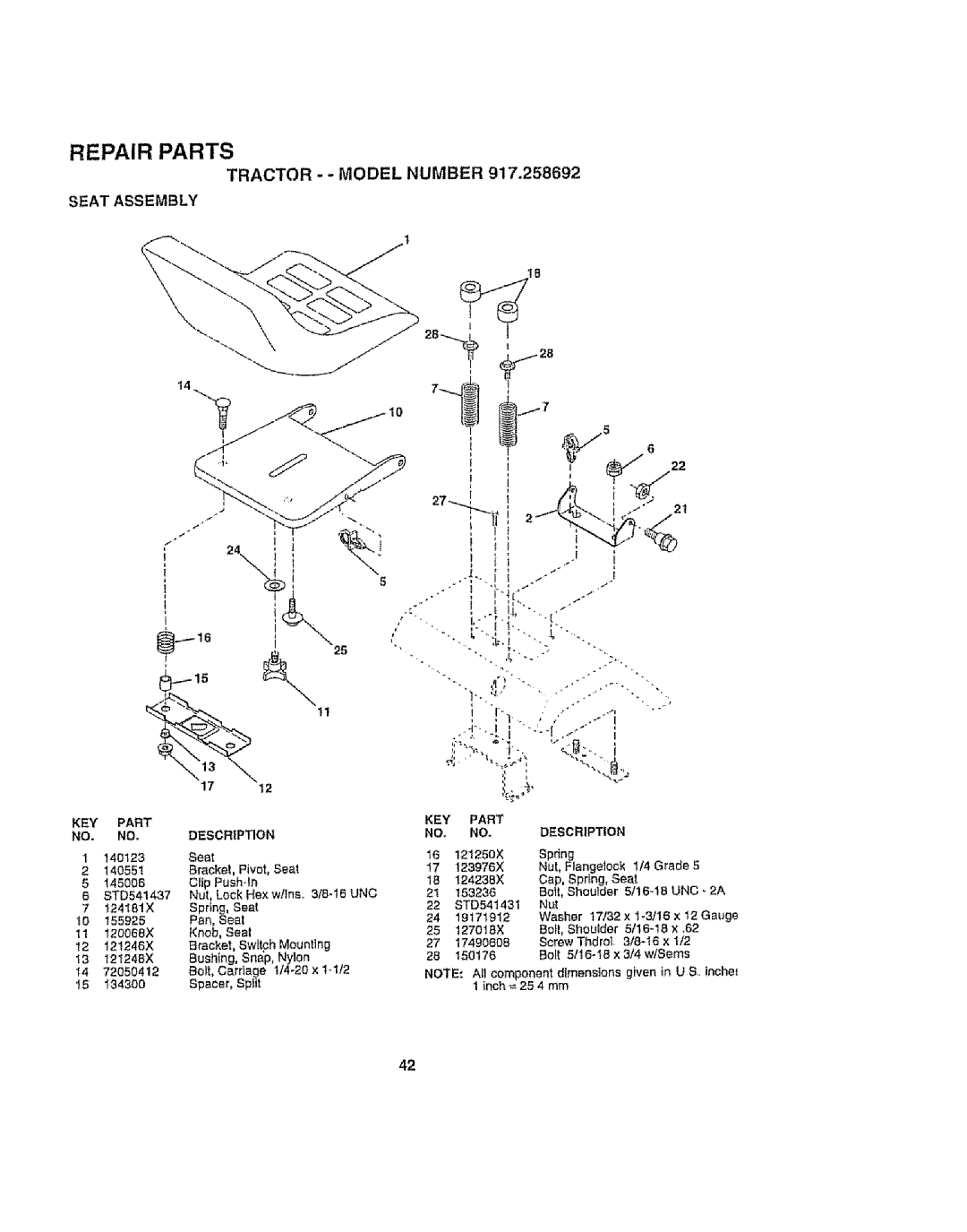 Craftsman 917.258692 manual Tractor - Model Number Seat Assembly, KEY Part Description 