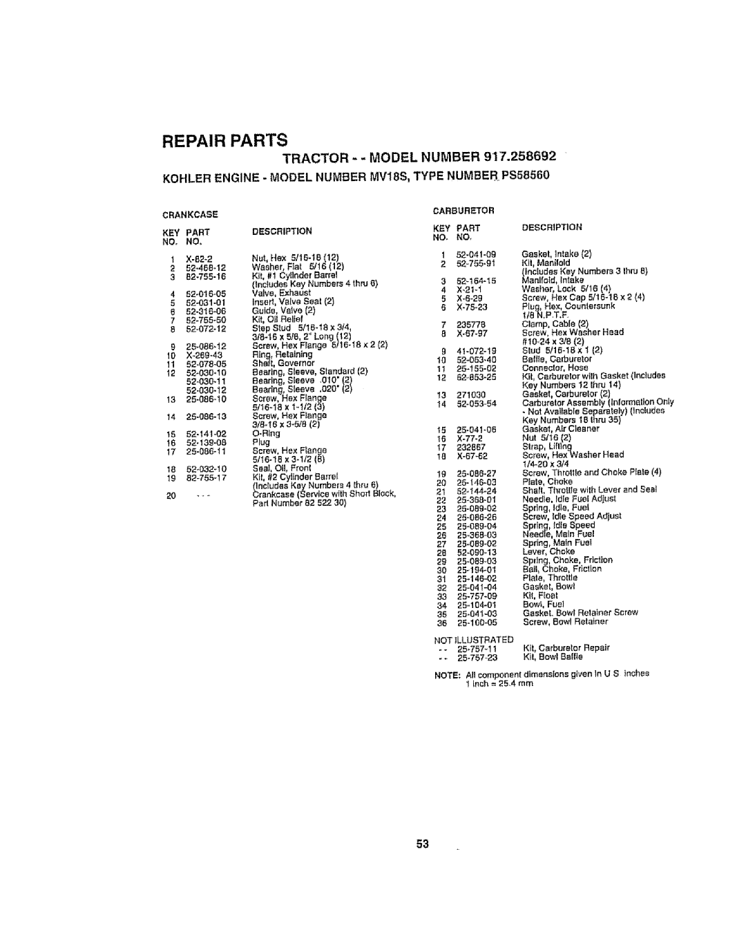 Craftsman 917.258692 manual 82-2, 52-3 52-755-50 B, 52-03011 52-030.12, Step Stud 5/16-18 x 3/4, 3/8-16 x 5iS, 2 Lung 