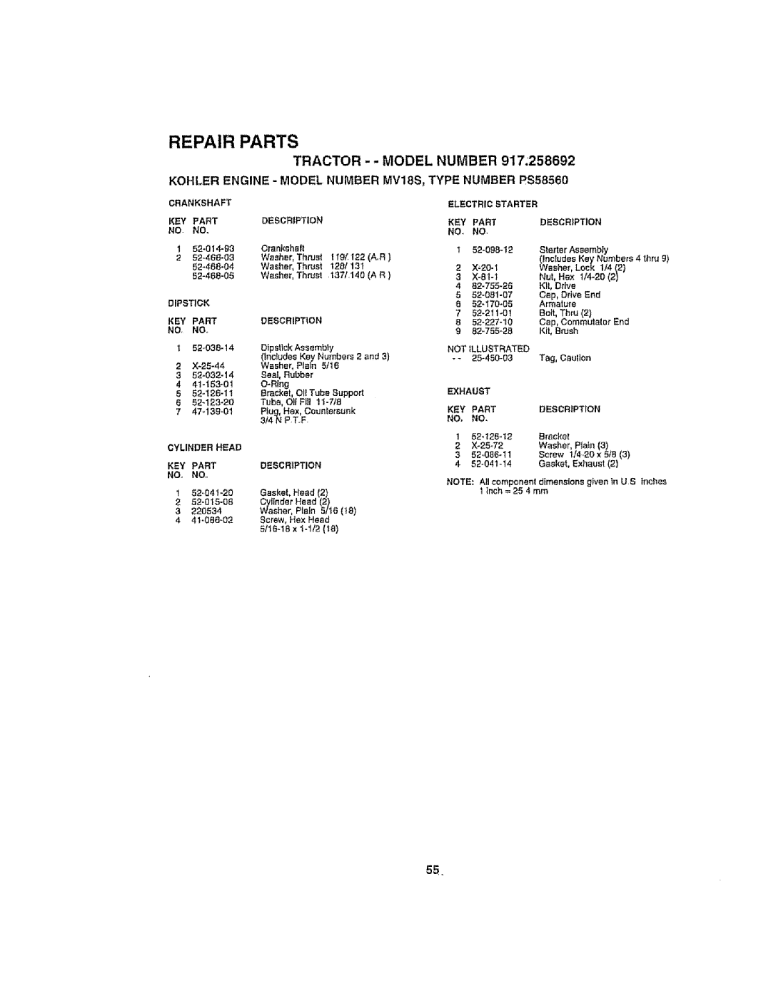 Craftsman 917.258692 manual Crankshaft KEY Part, Exhaust KEY Partdescription NO, no 