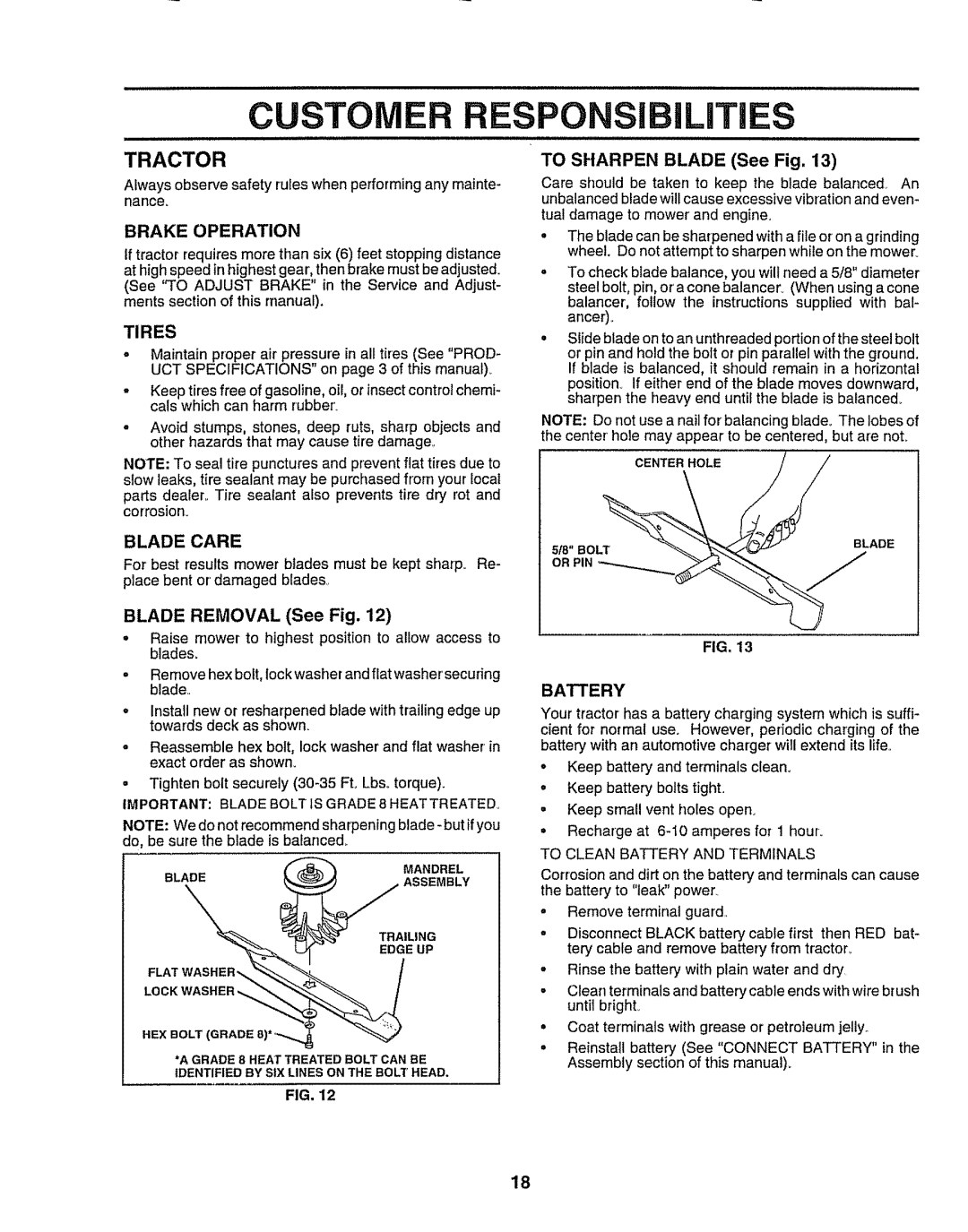 Craftsman 917.258911 owner manual Tractor, Brake Operation, Tires, Blade Care, Battery 