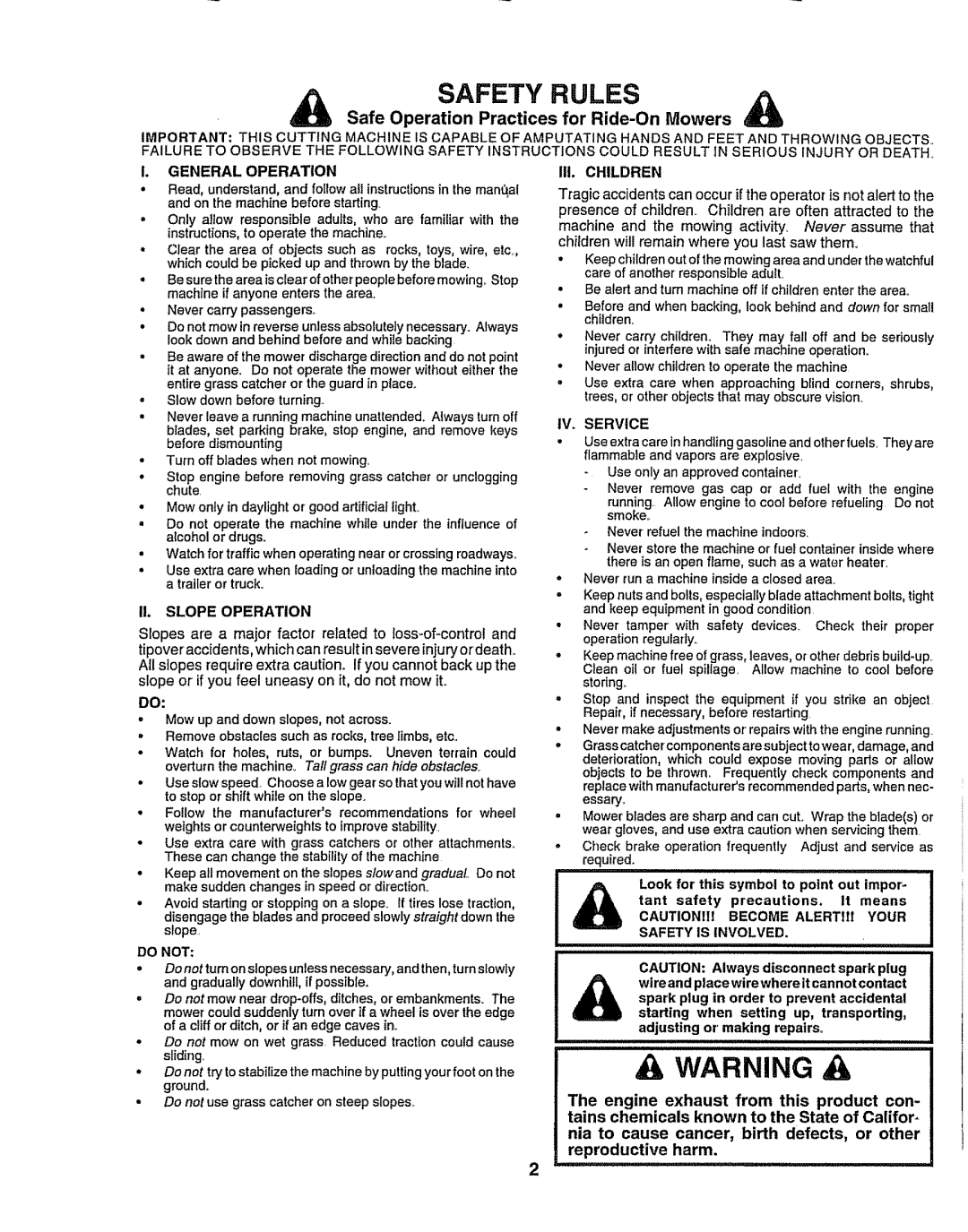 Craftsman 917.258911 owner manual Safe Operation Practices for Ride-On Mowers, IL Slope Operation, III. Children 