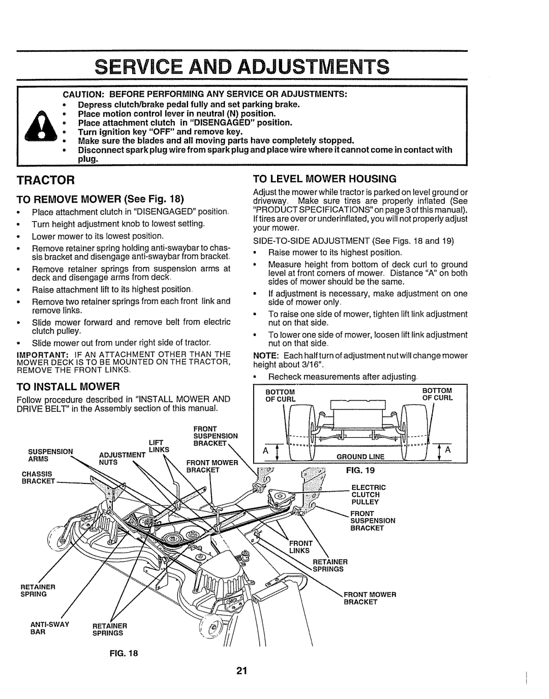 Craftsman 917.258911 owner manual To Remove Mower See Fig, To Level Mower Housing, Important if AN Attachment Other than 