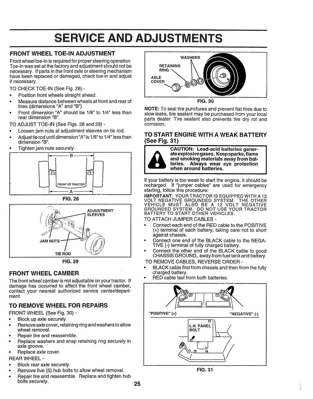 Craftsman 917.258911 Rvice and Adjustments, Front Wheel TOE-IN Adjustment, To Start Engine with a Weak Battery See Fig 