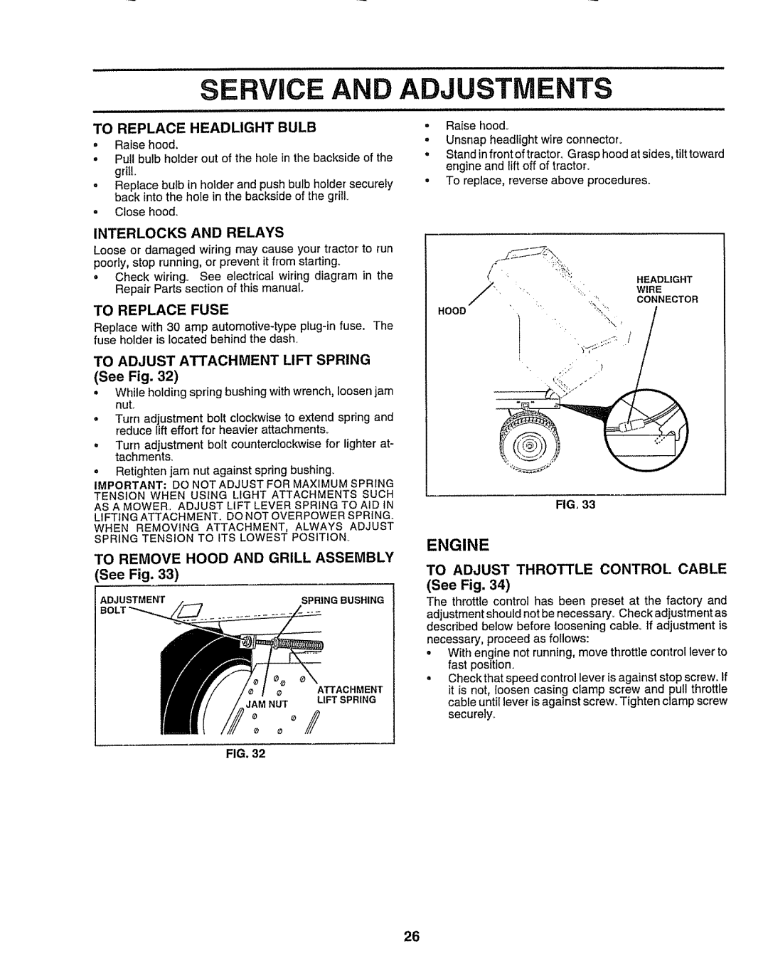 Craftsman 917.258911 Service and ADJ, Engine, To Replace Headlight Bulb, Interlocks and Relays, To Replace Fuse 