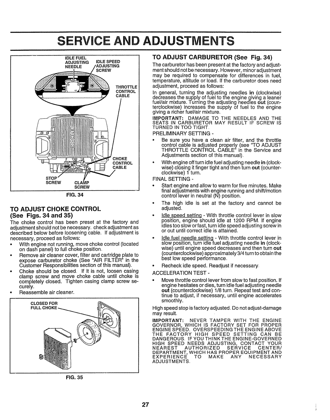 Craftsman 917.258911 To Adjust Choke Control See Figs, To Adjust Carburetor See Fig, Final Setting, Acceleration Test 