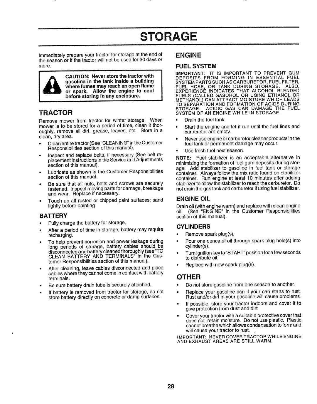 Craftsman 917.258911 owner manual Storage, Fuel System, Engine OIL 