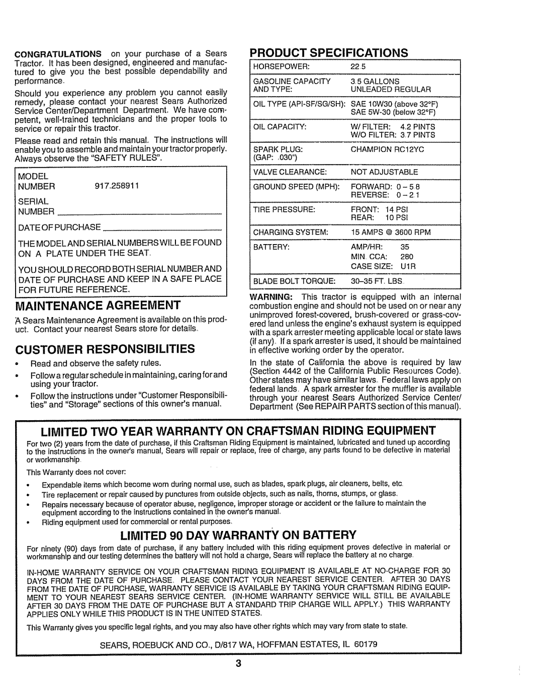 Craftsman 917.258911 Maintenance Agreement, Customer Responsibilities, Limited 90 DAY Warranty on Battery, Model 