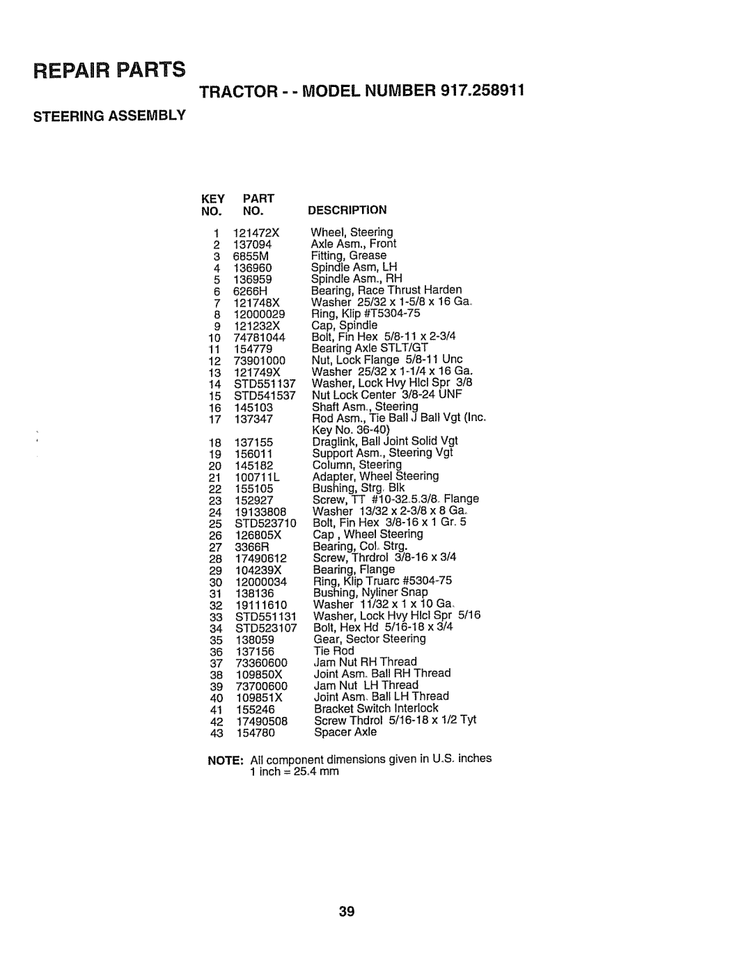 Craftsman 917.258911 owner manual Tractor - Model Number, Steering Assembly 