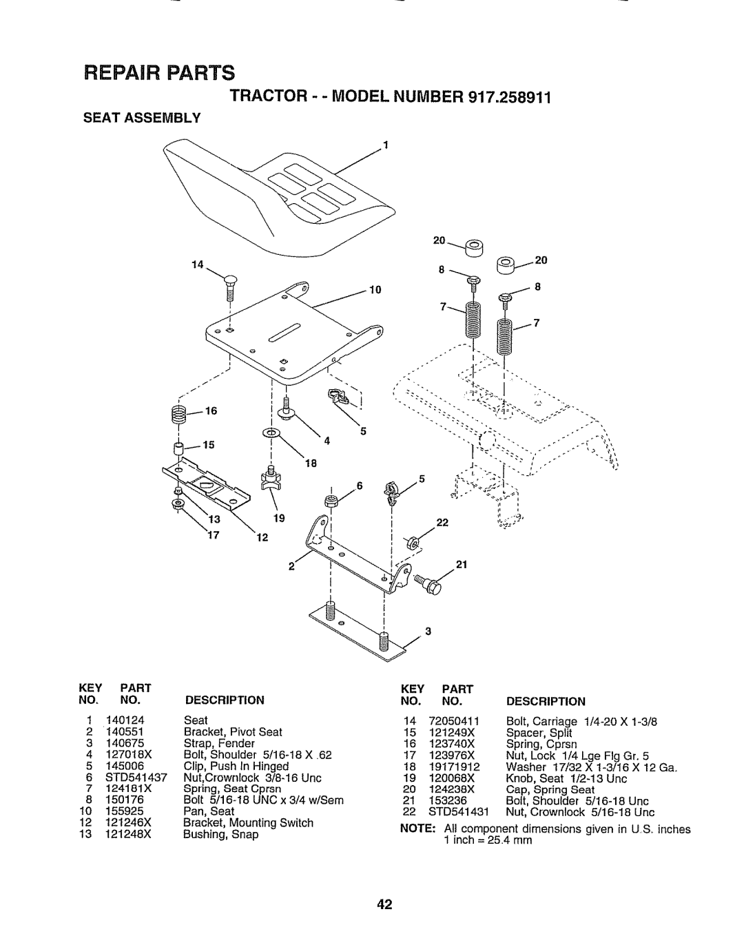 Craftsman 917.258911 owner manual Seat Assembly 