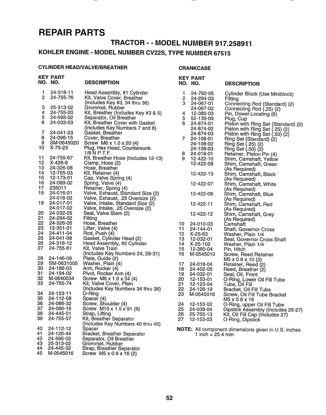 Craftsman 917.258911 Kohler ENGINE- Model Number CV22S, Type Number, Cylinder HEAD/VALVE/BREATHER Crankcase KEY Part 