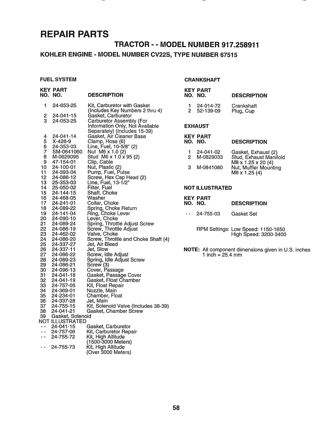 Craftsman 917.258911 owner manual Not Illustrated Crankshaft, Exhaust KEY Part NO. no Description, GasketSet 