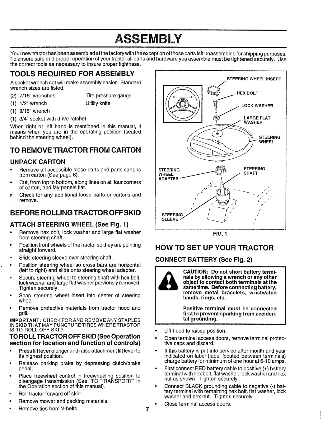 Craftsman 917.258911 Tools Required for Assembly, To Remove Tractor from Carton, Before Rolling Tractor Offskid 