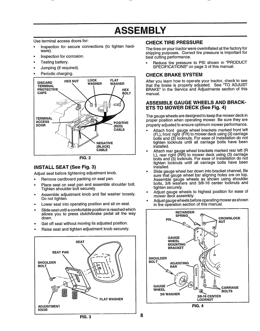 Craftsman 917.258911 owner manual Wheel/I, Install Seat See Fig, Check Tire Pressure, Check Brake System 