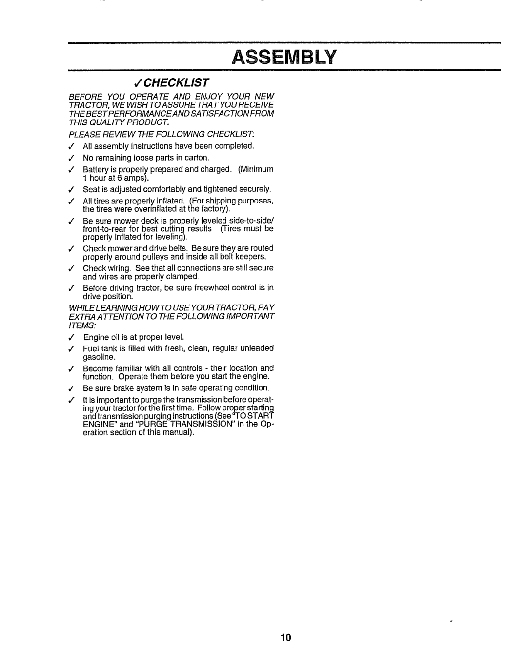 Craftsman 917.258911 owner manual Checklist 