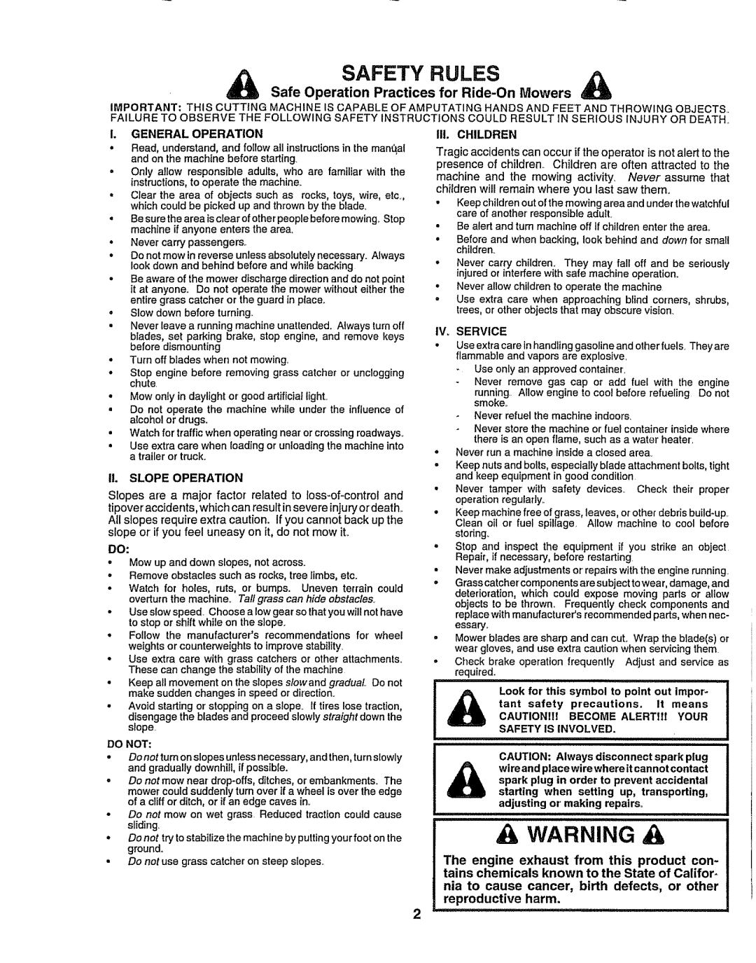 Craftsman 917.258911 owner manual A Warning, Safety Rules, Safe Operation Practices for Ride-OnMowers, Il Slope Operation 