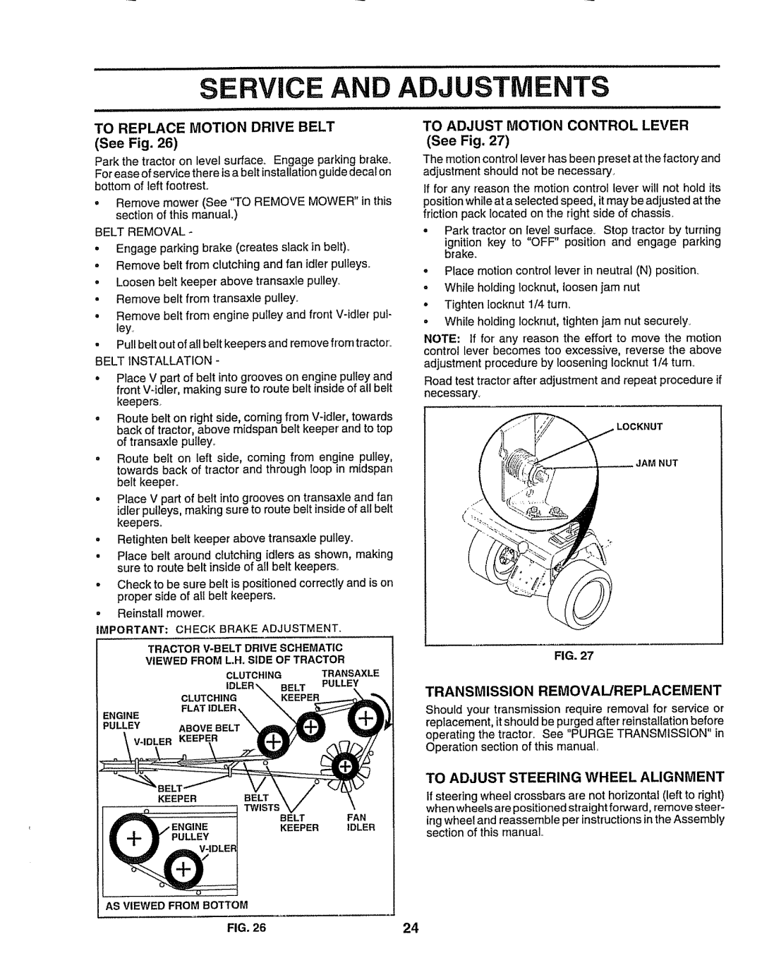 Craftsman 917.258911 Service And Adju, TO ADJUST MOTION CONTROL LEVER See Fig, Transmission Removal/Replacement 