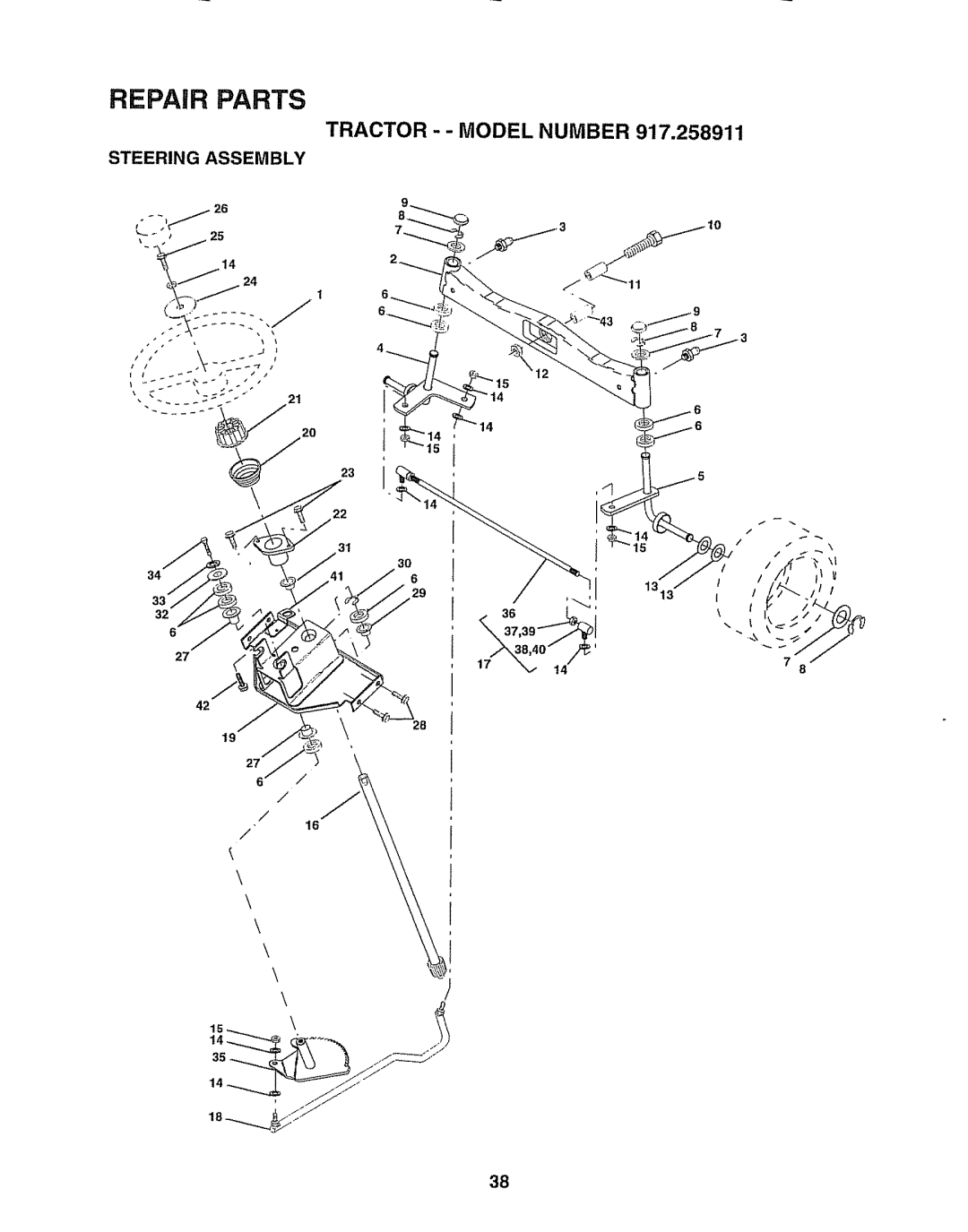 Craftsman 917.258911 owner manual Steering Assembly, Repair Parts, Tractor - - Model Number 