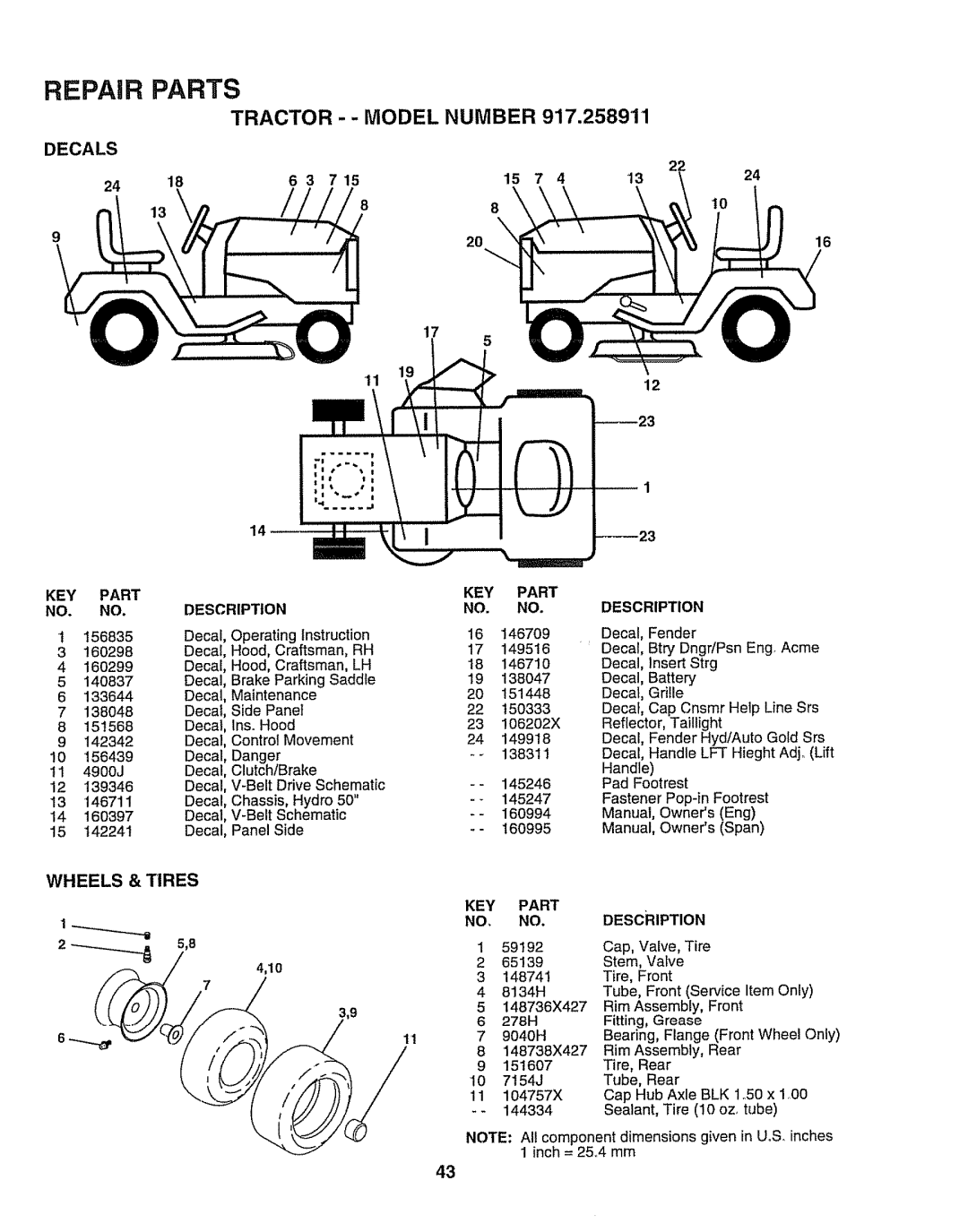 Craftsman 917.258911 owner manual Wheels & Tires, Decals, 1324, Repair Parts, Tractor - - Model Number, Description 
