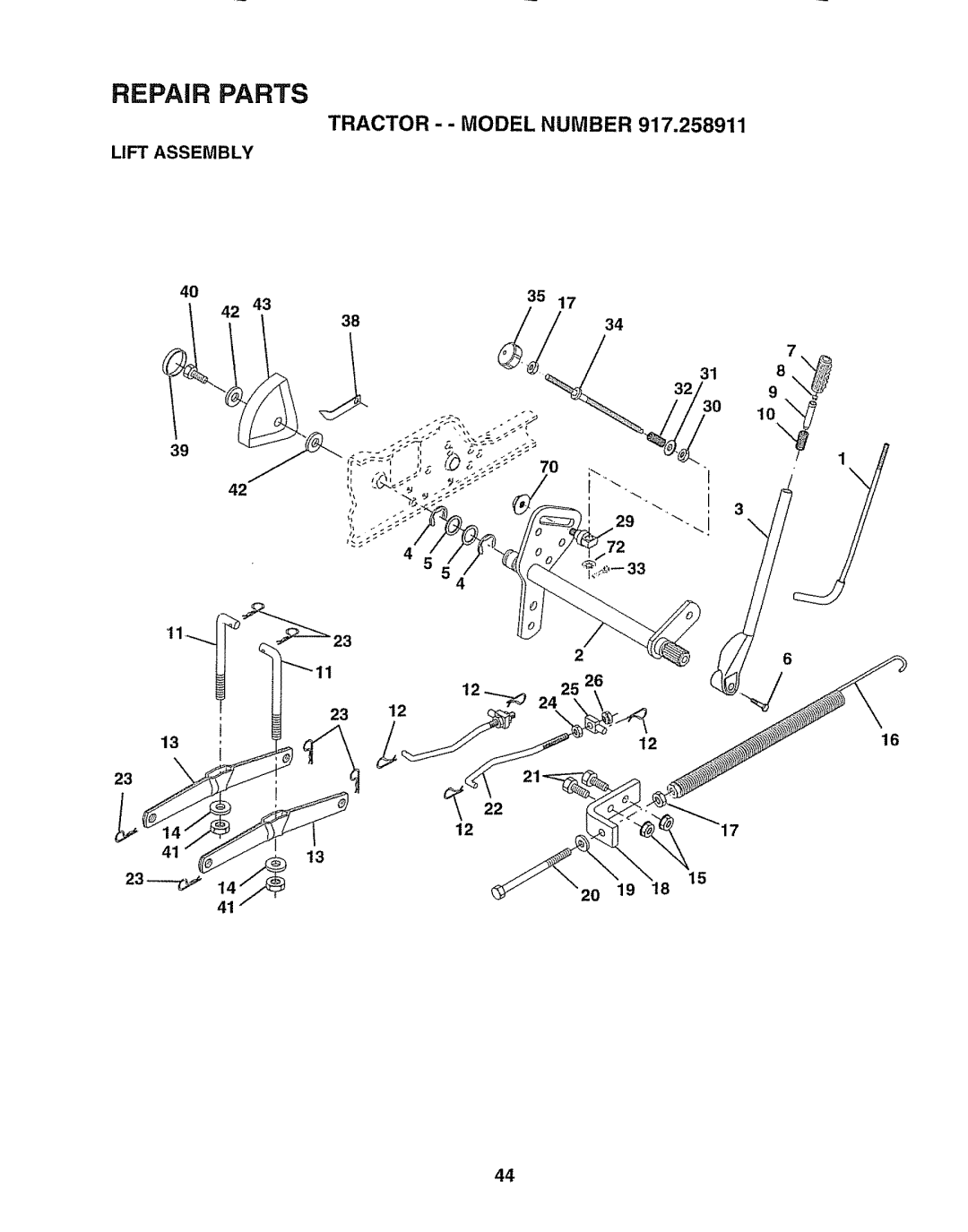 Craftsman 917.258911 owner manual Lift Assembly, 15 2O 19, 40 35 42 3834 39, 4 2 12, Repair Parts, Tractor - - Model Number 