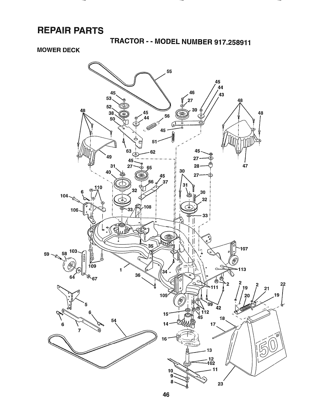 Craftsman 917.258911 owner manual Mower Deck, 55 45, 11 23, 222 21, Repair Parts, Tractor - - Model Number 