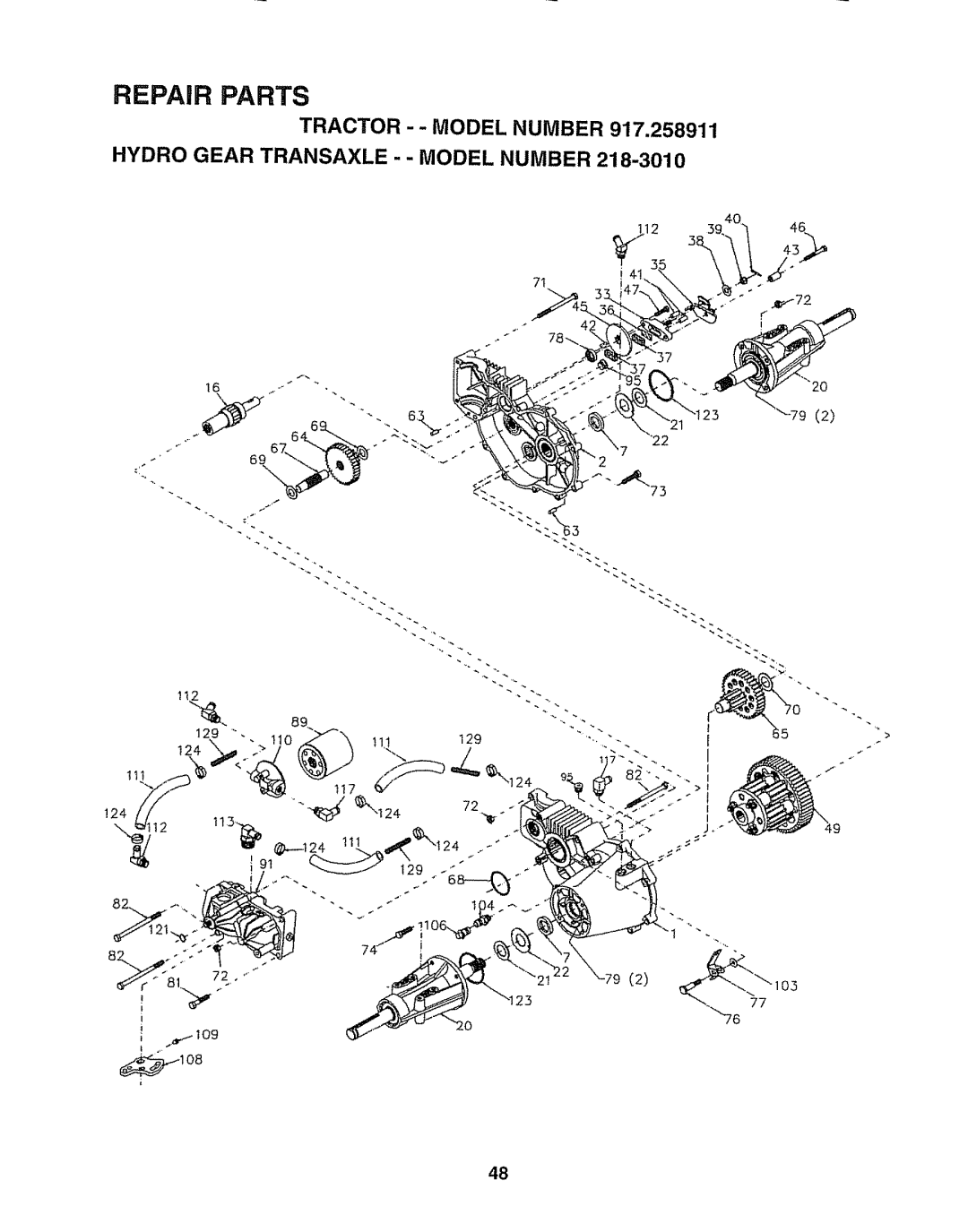 Craftsman 917.258911 owner manual TRACTOR - - MODEL NUMBER 917,258911, Hydro Gear Transaxle . . Model Number, Repair Parts 