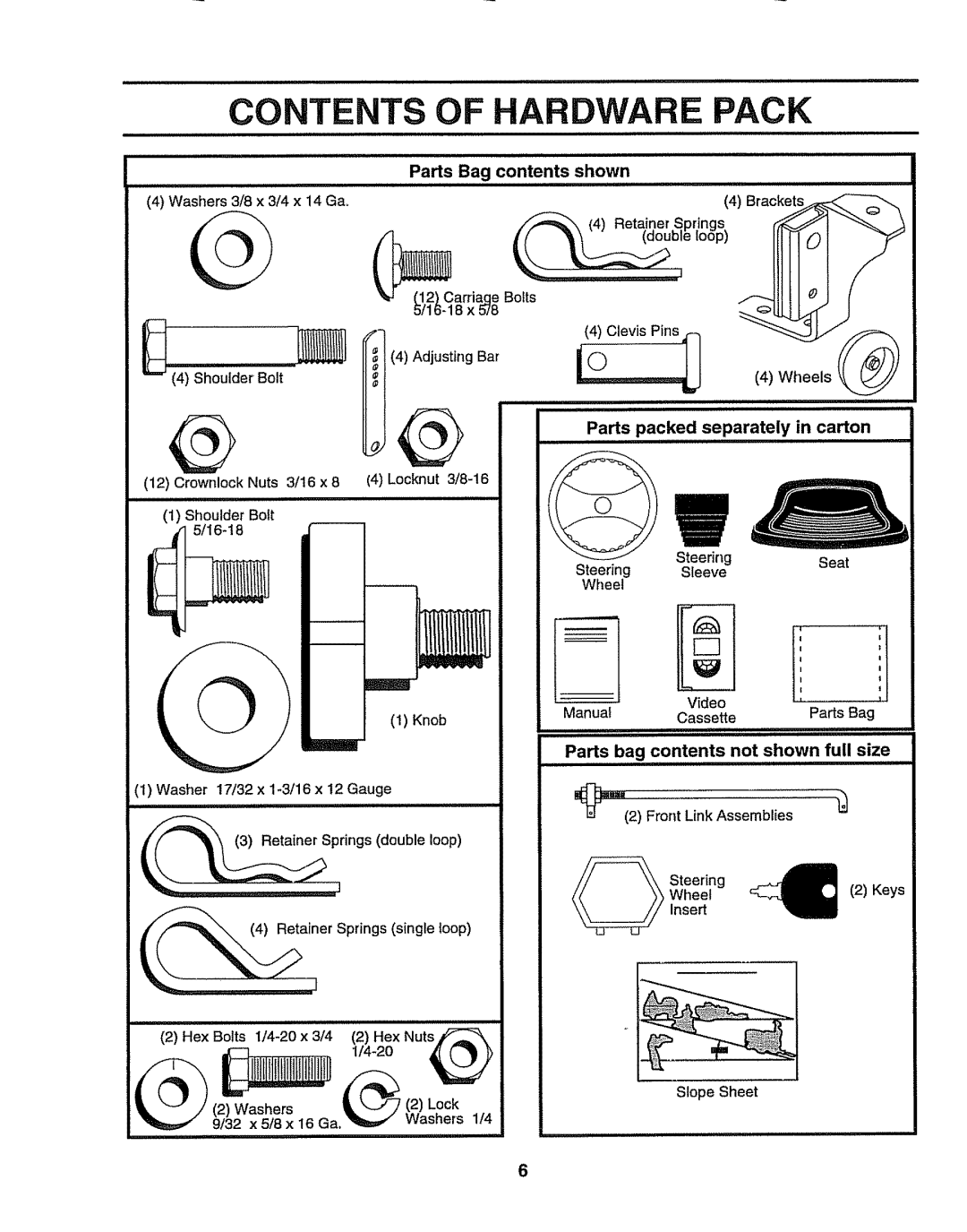 Craftsman 917.258911 Contents, Of Hardware Pack, Parts Bag contents shown, Parts bag contents not shown full siz e, Keys 