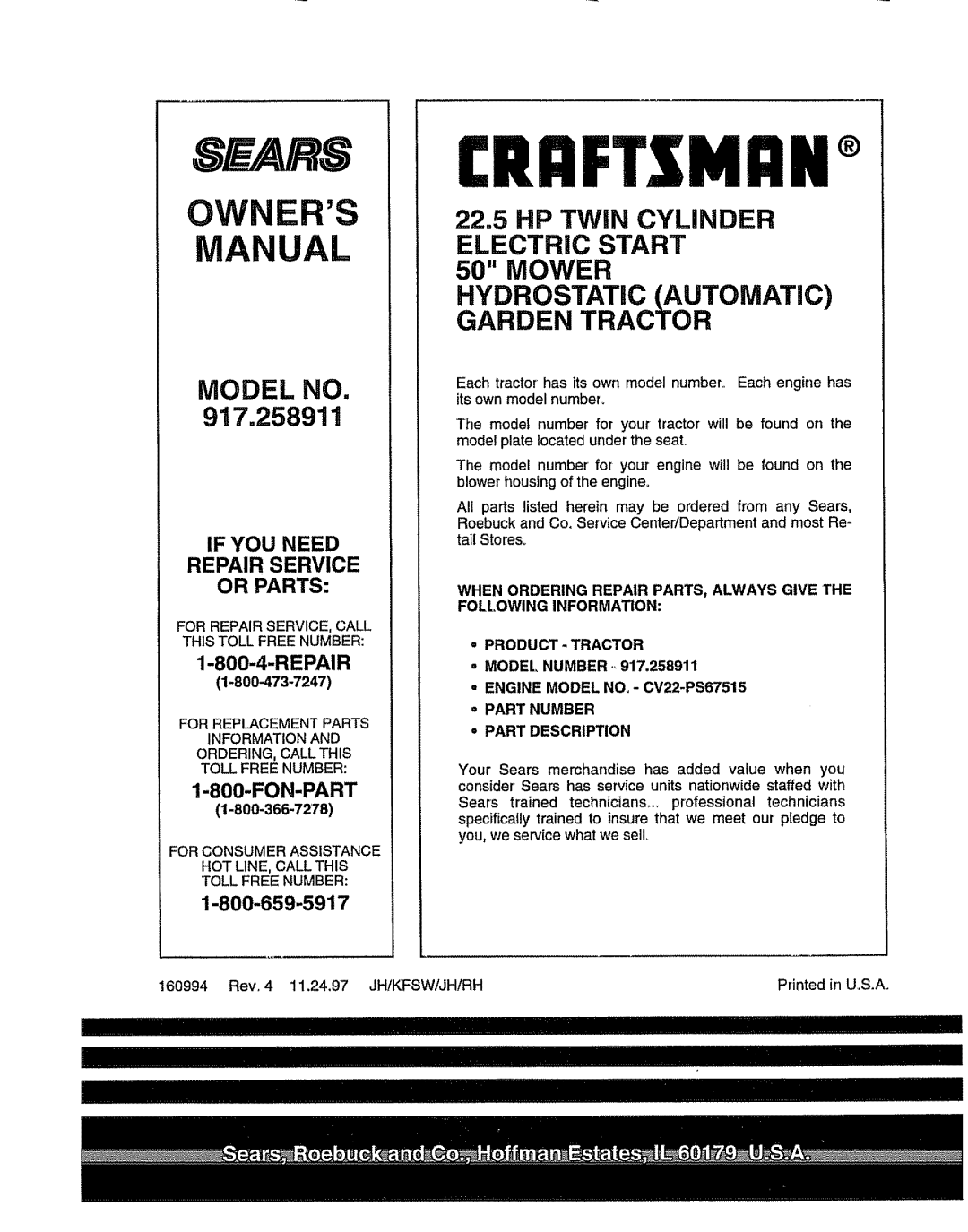 Craftsman 917.258911 Owners Al, Model No, Hydrostatic Automatic Garden Tractor, Repair, Fon-Part, 1-800-659-5917 