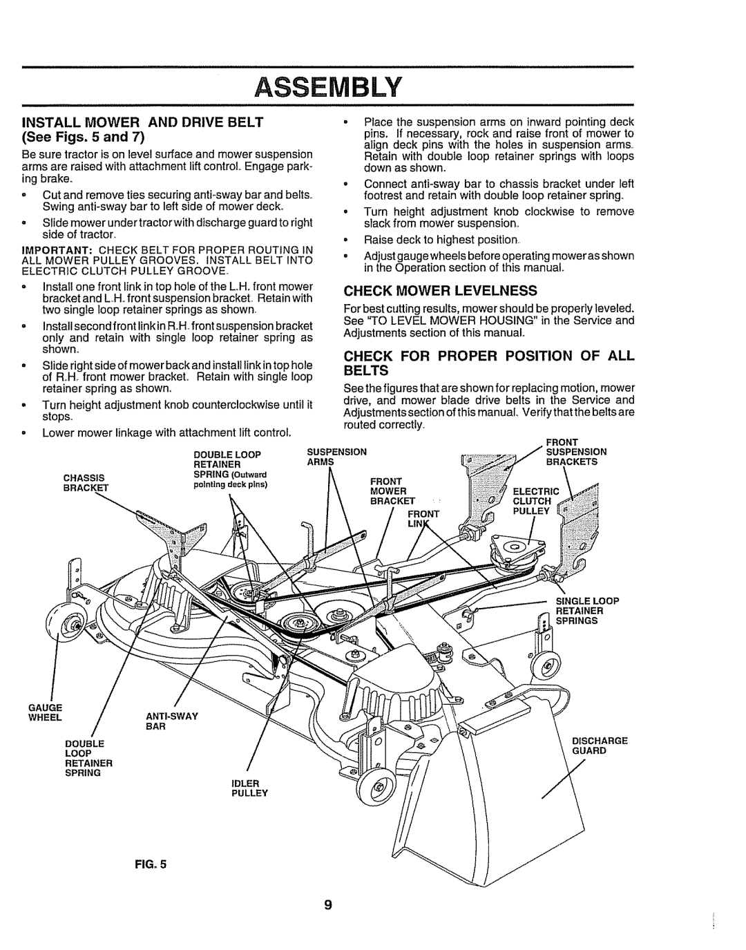 Craftsman 917.258911 owner manual Mbly, Install Mower And Drive Belt, See Figs. 5 and, Check Mower Levelness 