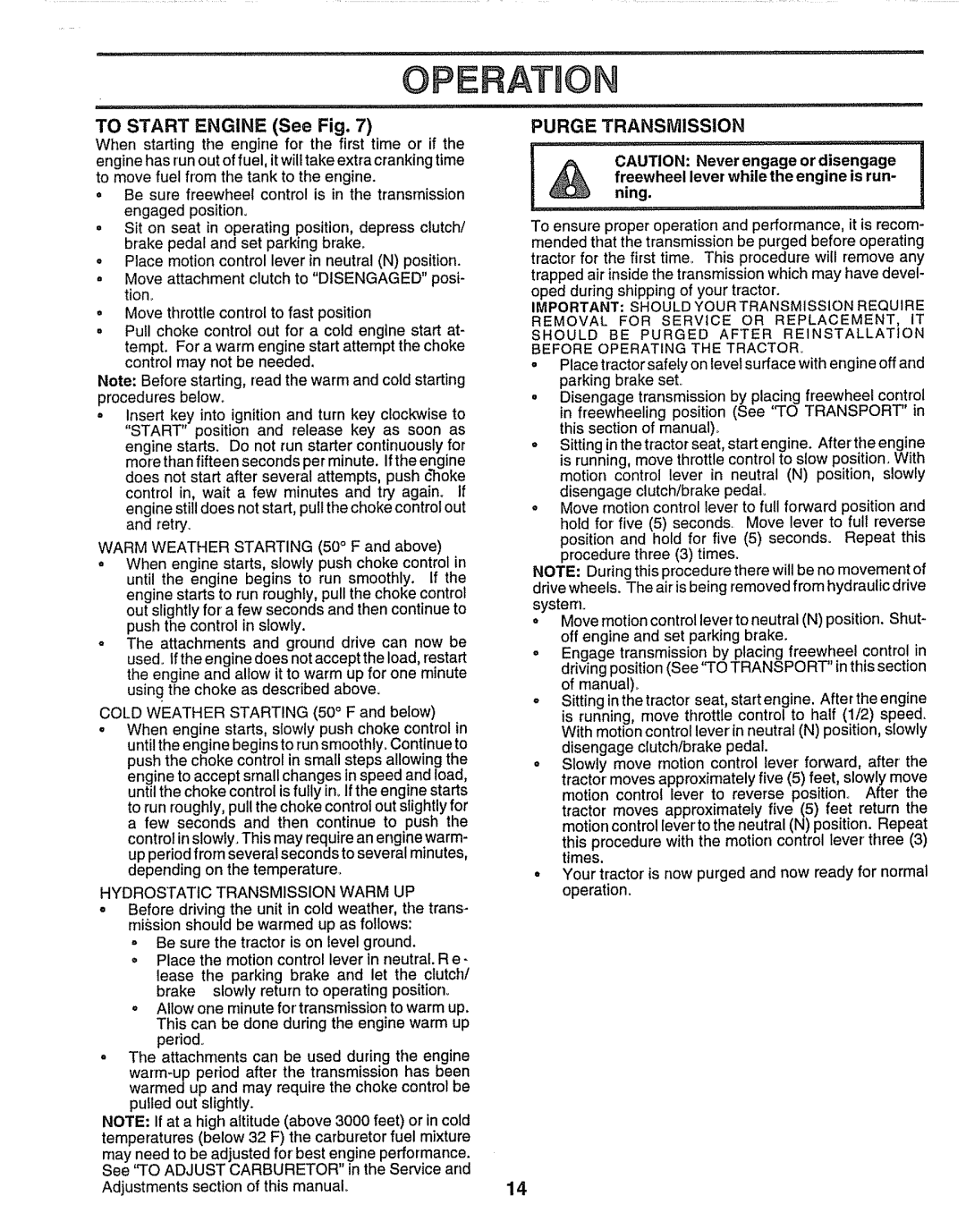 Craftsman 917.259172 Purge Transmission, Hydrostatic Transmission Warm UP, Important should Your Transmission Require 