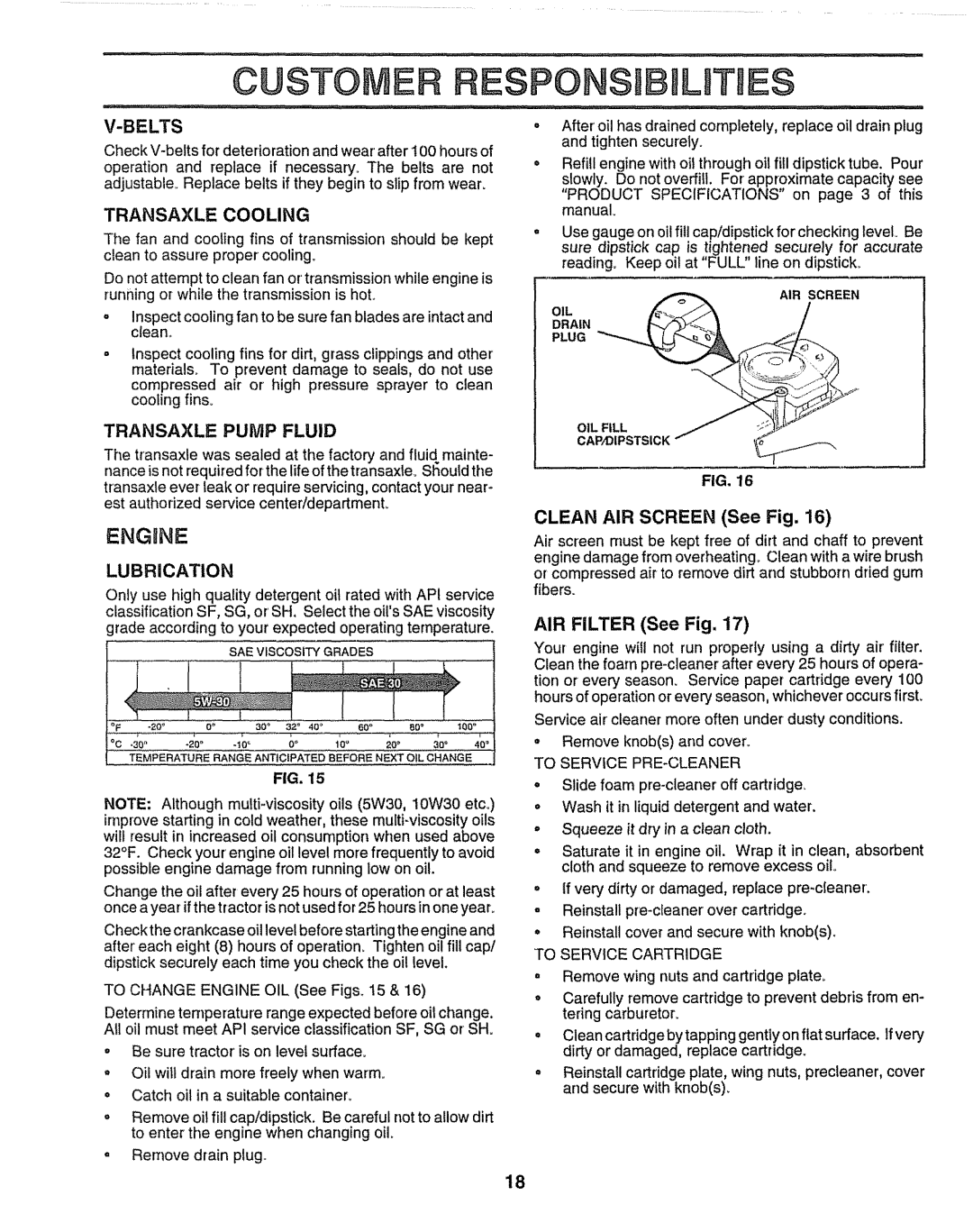 Craftsman 917.259172 manual Transaxle Cooling, Transaxle Pump Fluid, Lubrication, AIR Filter See Fig 