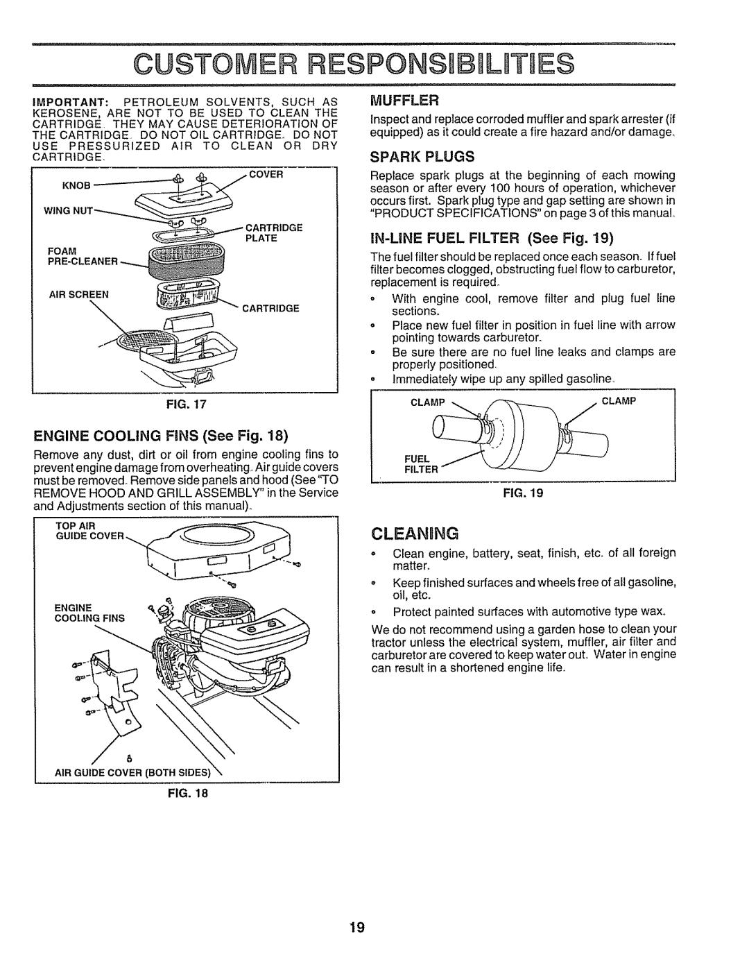 Craftsman 917.259172 manual CLEAN6NG, Muffler, Spark Plugs, IN-LINE Fuel Filter See Fig, Engine Cooling Fins See Fig 