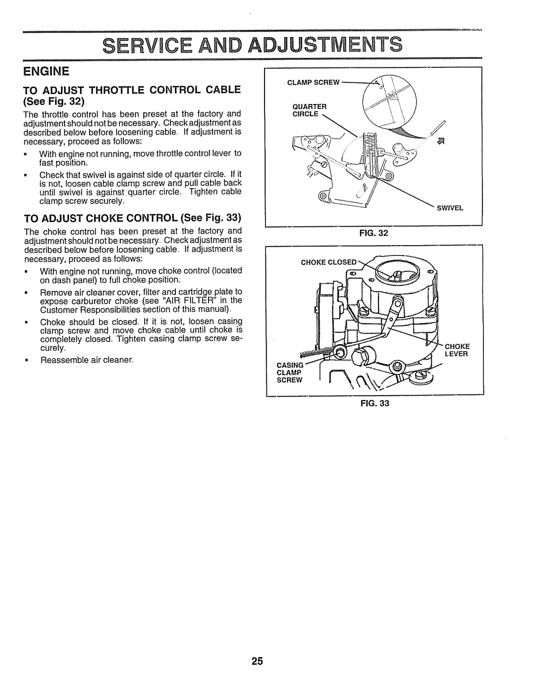 Craftsman 917.259172 manual Engine, To Adjust Throttle Control Cable, To Adjust Choke Control See Fig 