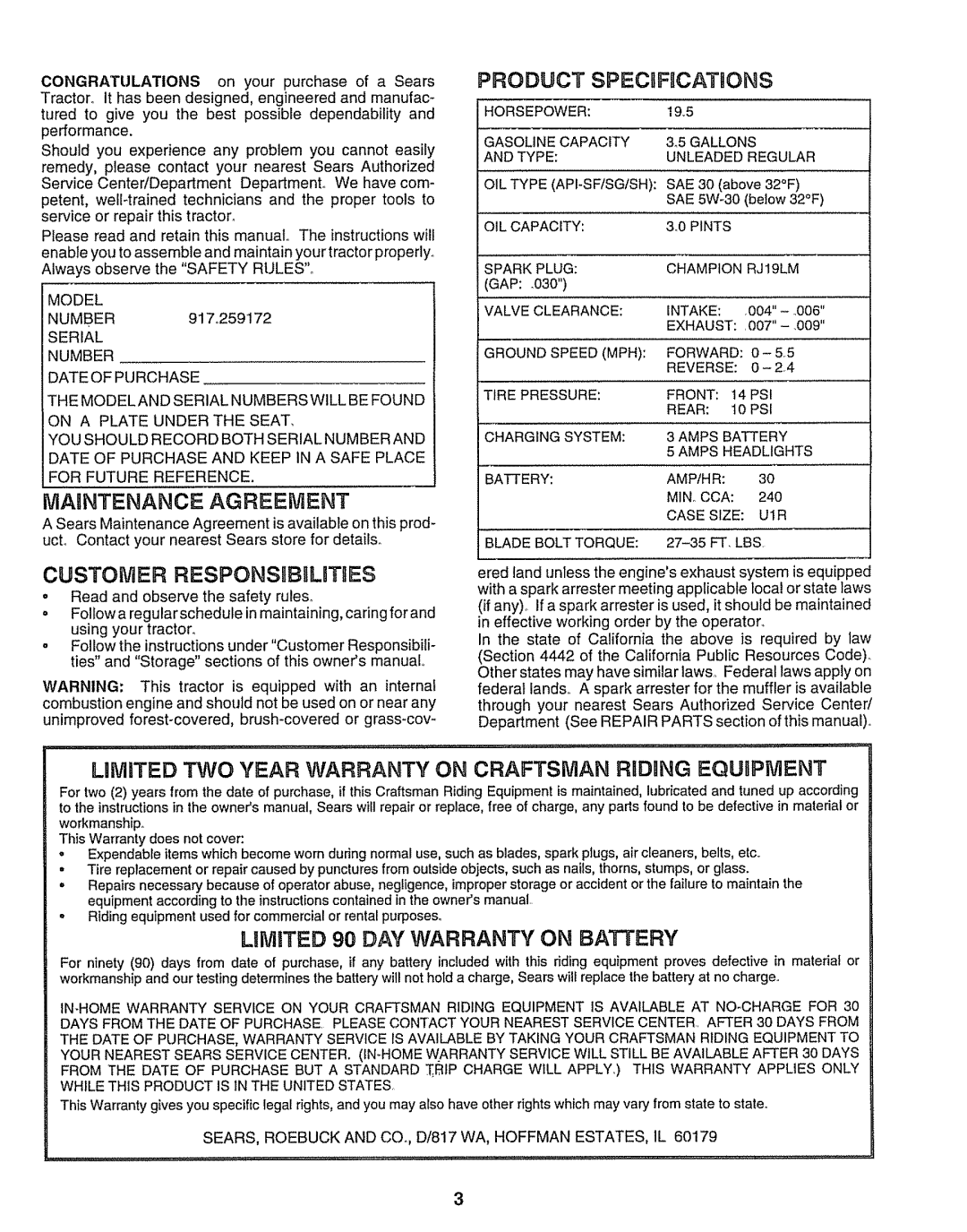 Craftsman 917.259172 manual Maintenance Agreement, Customer RESPONSIBULmTgES 