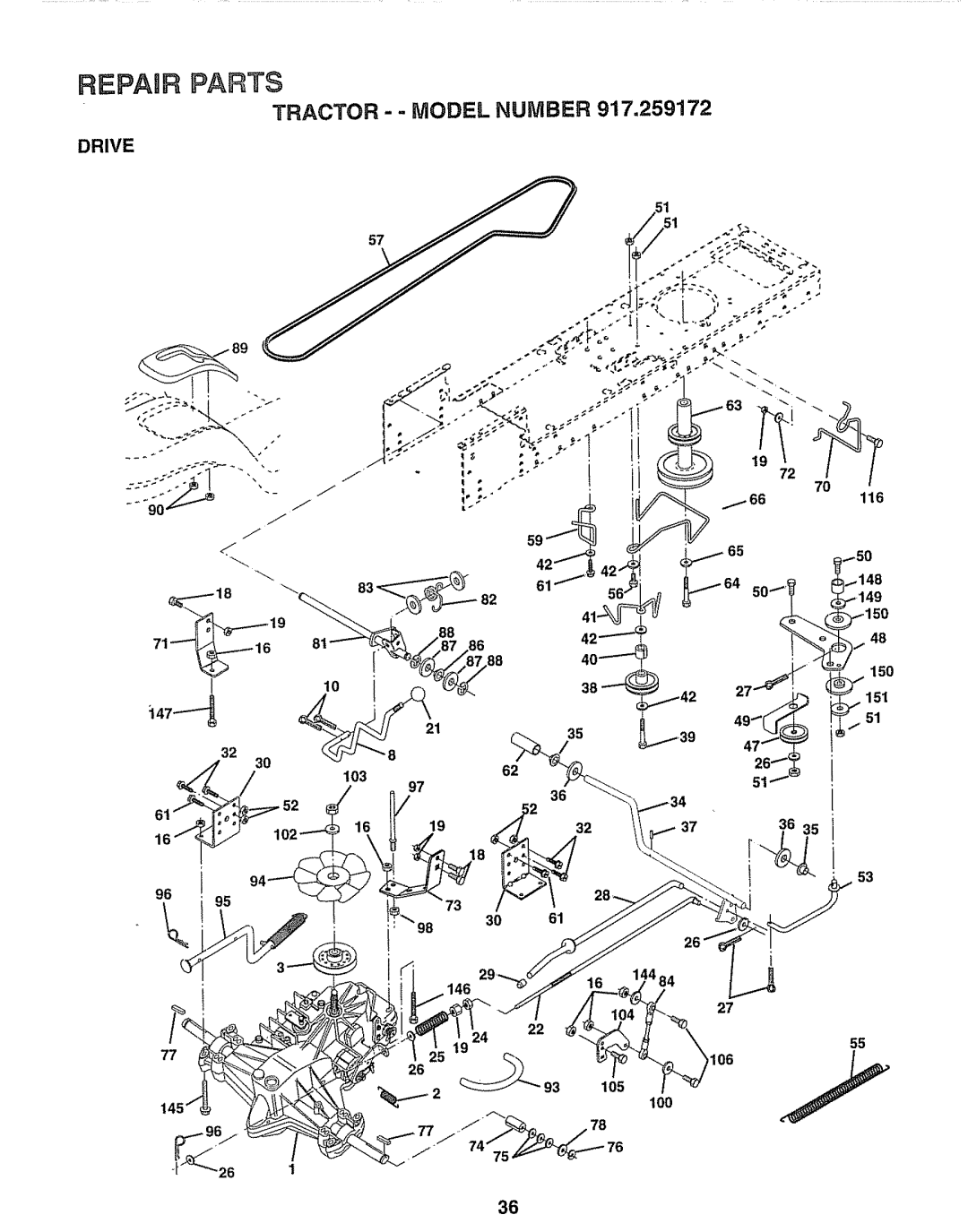 Craftsman 917.259172 manual Tractor - Model Number 917,259172, Drive, 150 151 