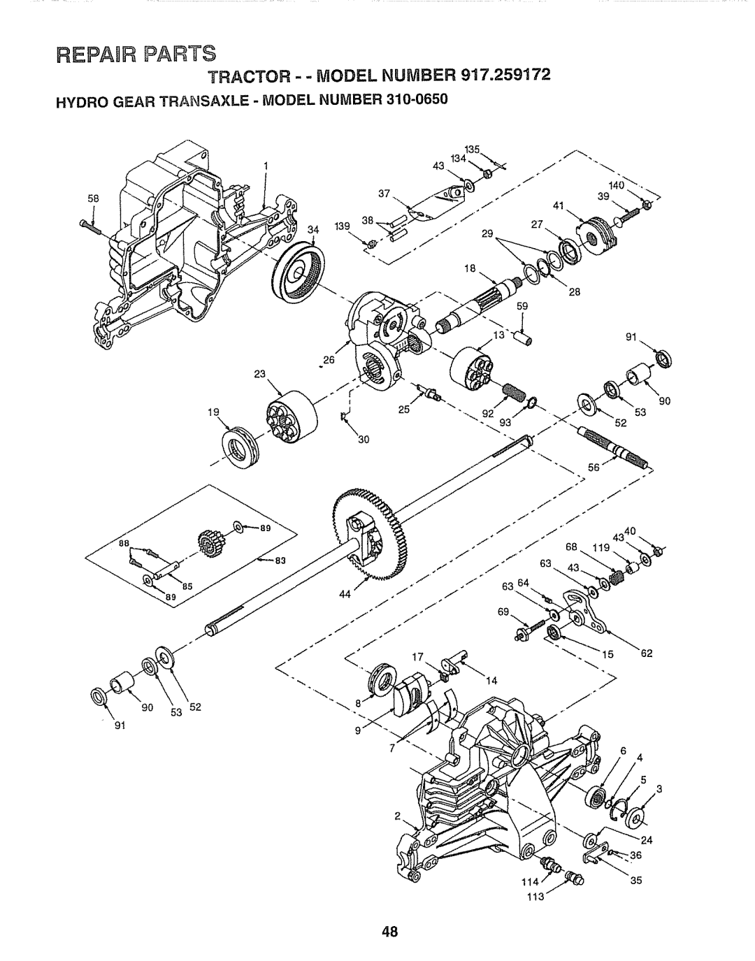 Craftsman 917.259172 manual Tractor -- Model Number, Hydro Gear Transaxle Model Number 