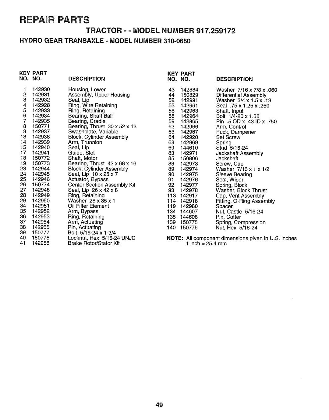 Craftsman 917.259172 manual Tractor - Model Number 917,259172, Lower 